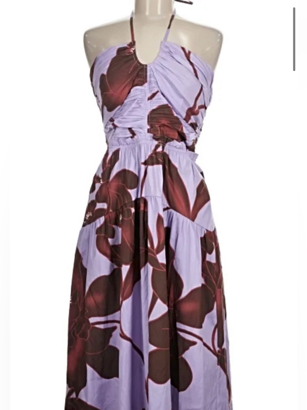 Floral Strapless Midi Dress in Lavender and Brown